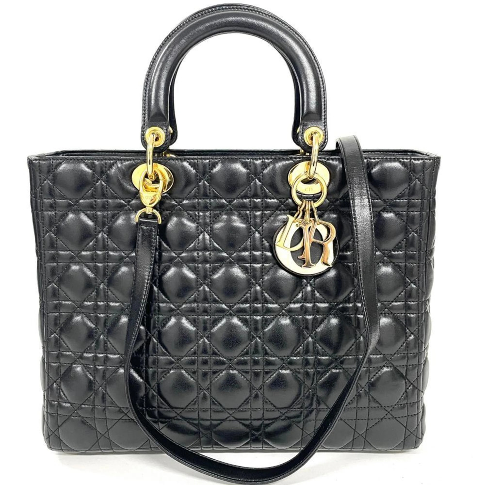 Christian Dior Dior Lady Cannage Large Handbag, 2-Way, Lambskin, Black